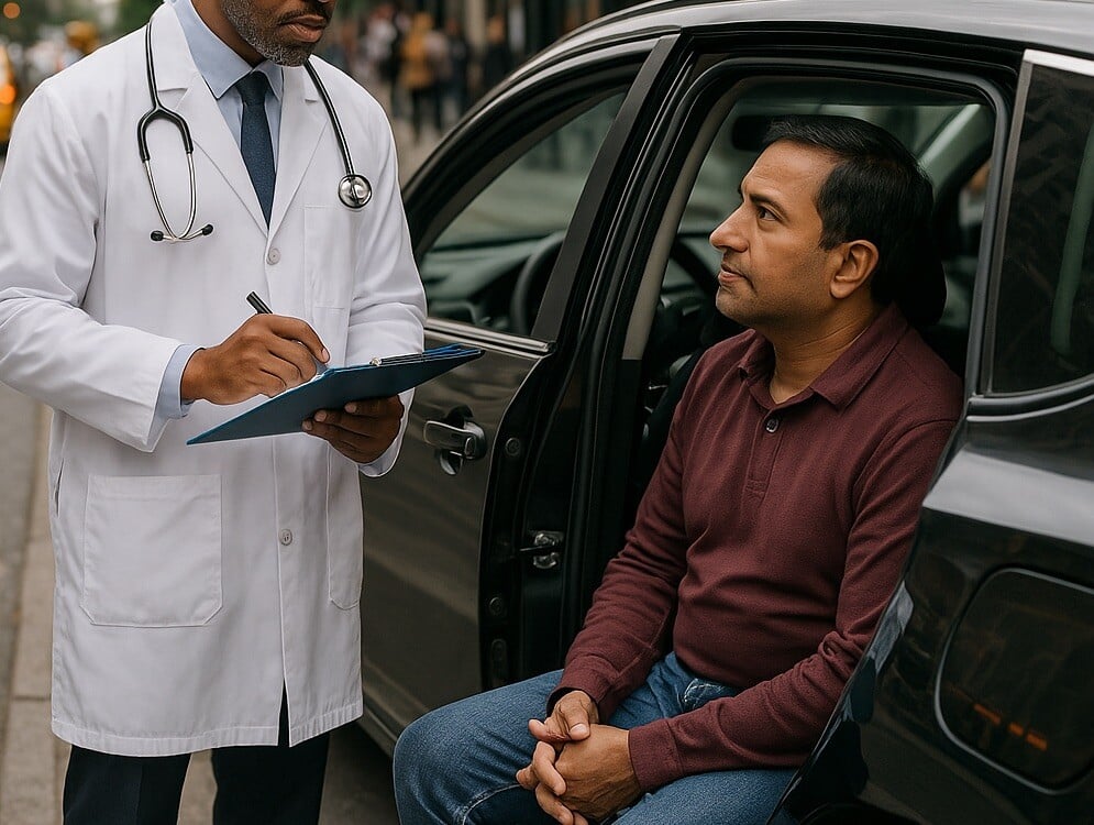 Medical professional taking notes as he listens to a man seated in a car 