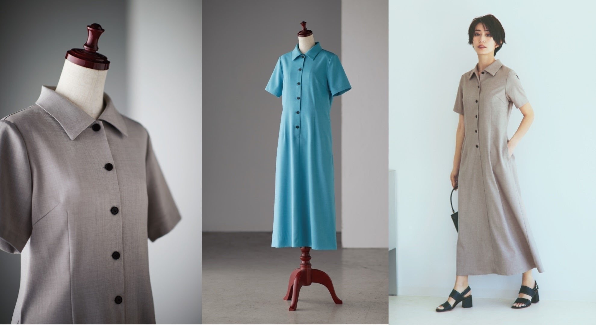 Three photos of Felissimo's 1990s shirt dress, in grey and sky blue 