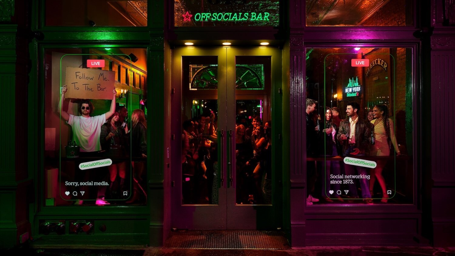 Exterior view of a bar with Heineken branding and references to #SocialOffSocials 