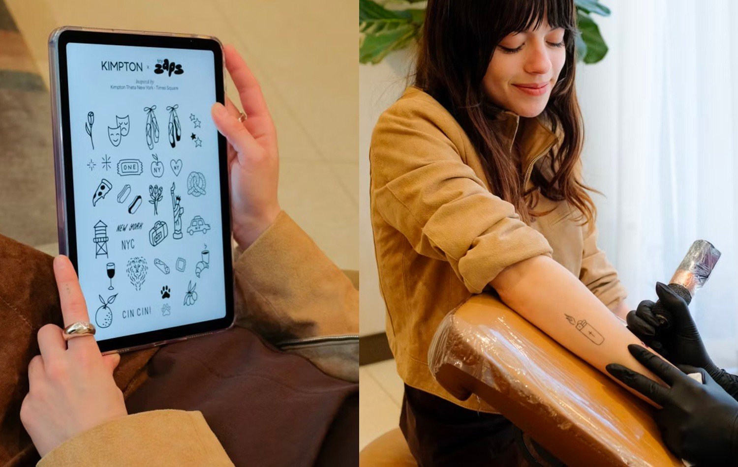 Young woman browsing flash tattoos on a tablet and getting inked 