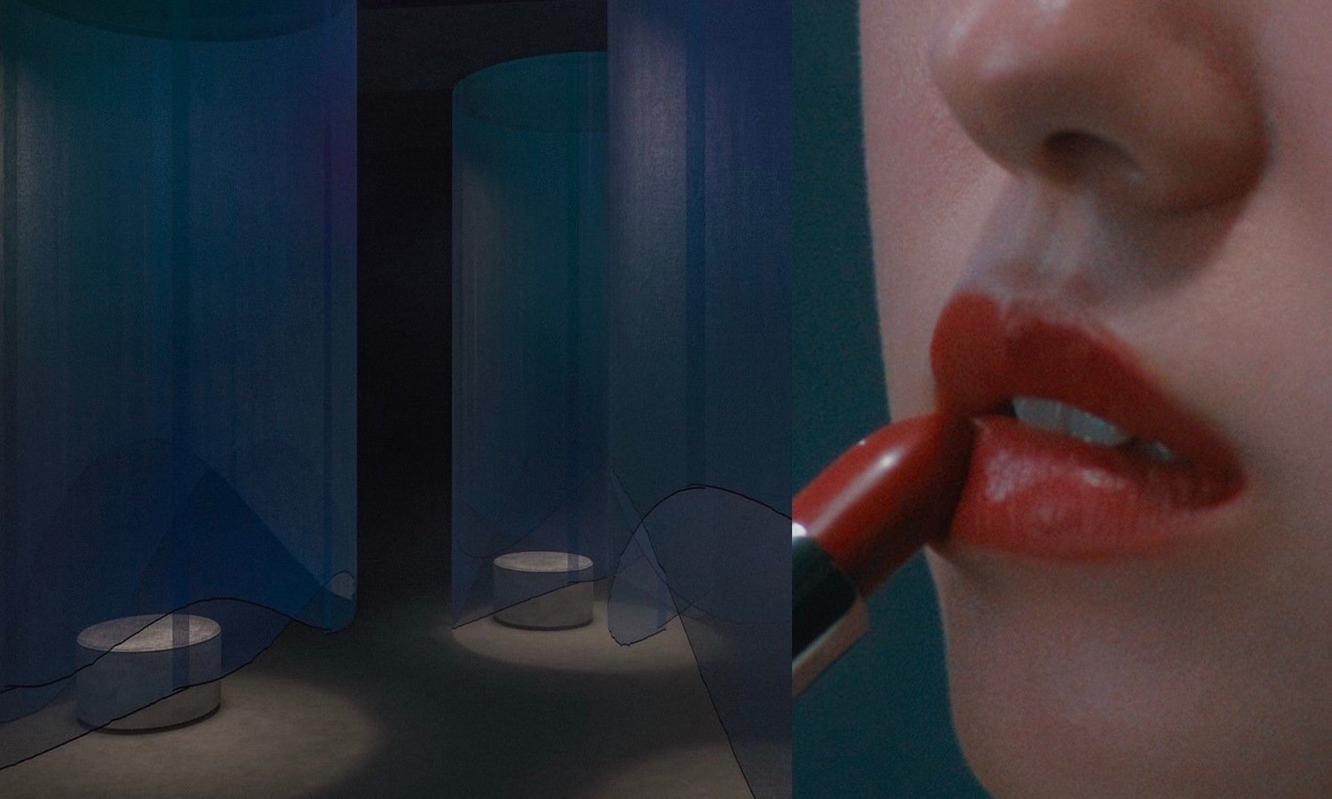 Veiled booths in a dark space, plus a close-up of a woman applying red lipstick 