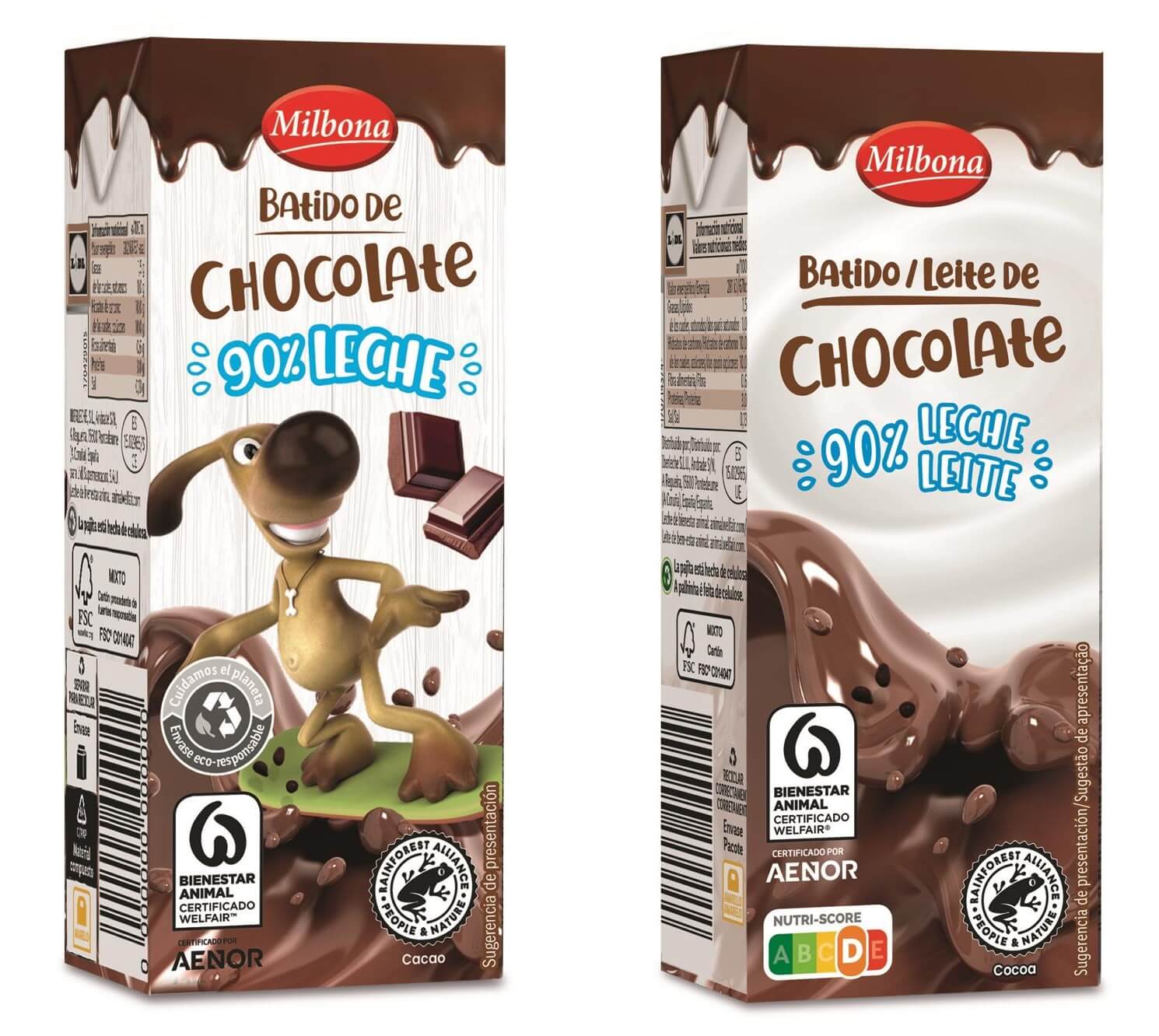 Lidl's chocolate milk packaging before and after cartoon dog is removed 
