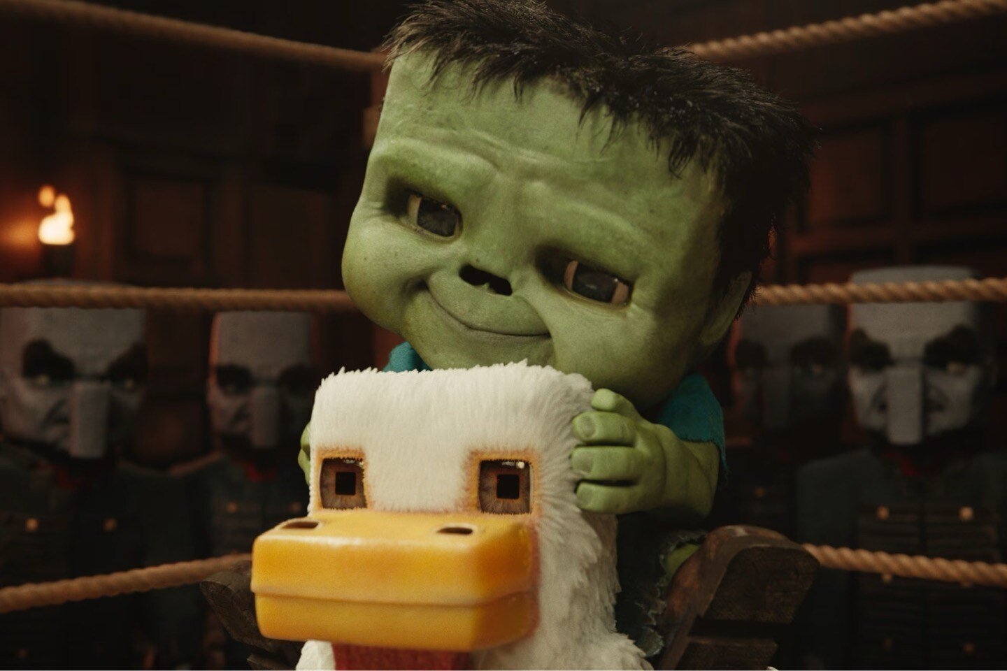 A film still showing a Minecraft zombie character riding a chicken like a horse 