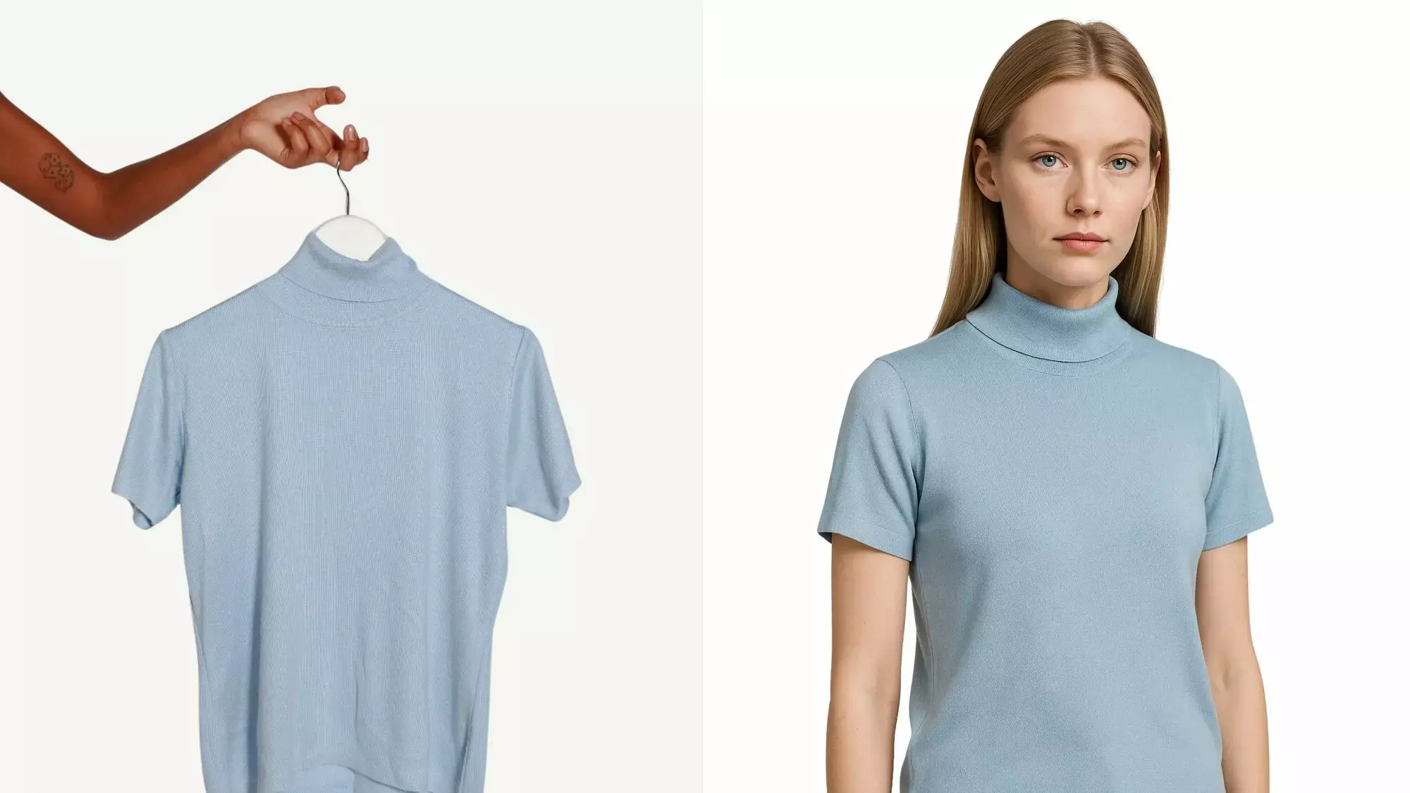 Left: a blue top on a wire hanger. Right: same top on an AI-generated female model 