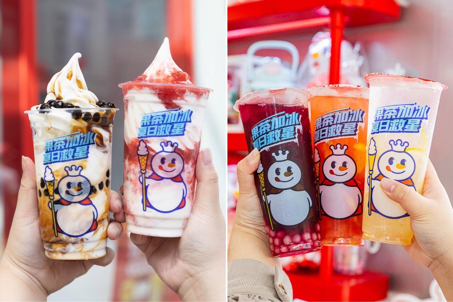 Hands holding cups of bubble tea and soft serve ice cream 
