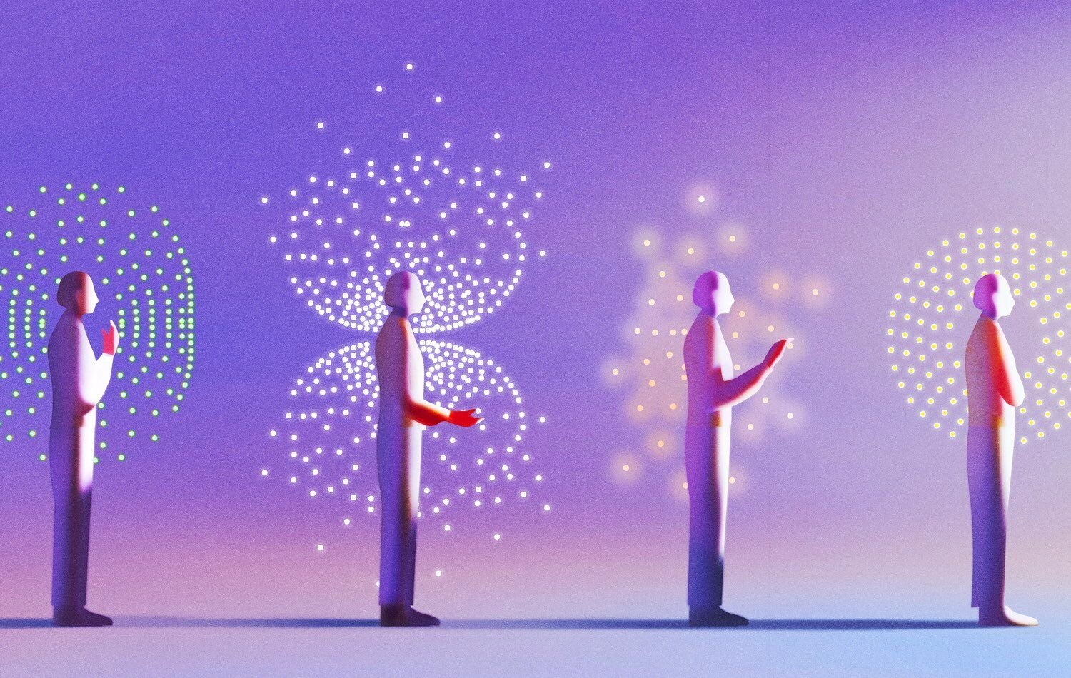 Illustration of four human figures surrounded by clouds of data signals 