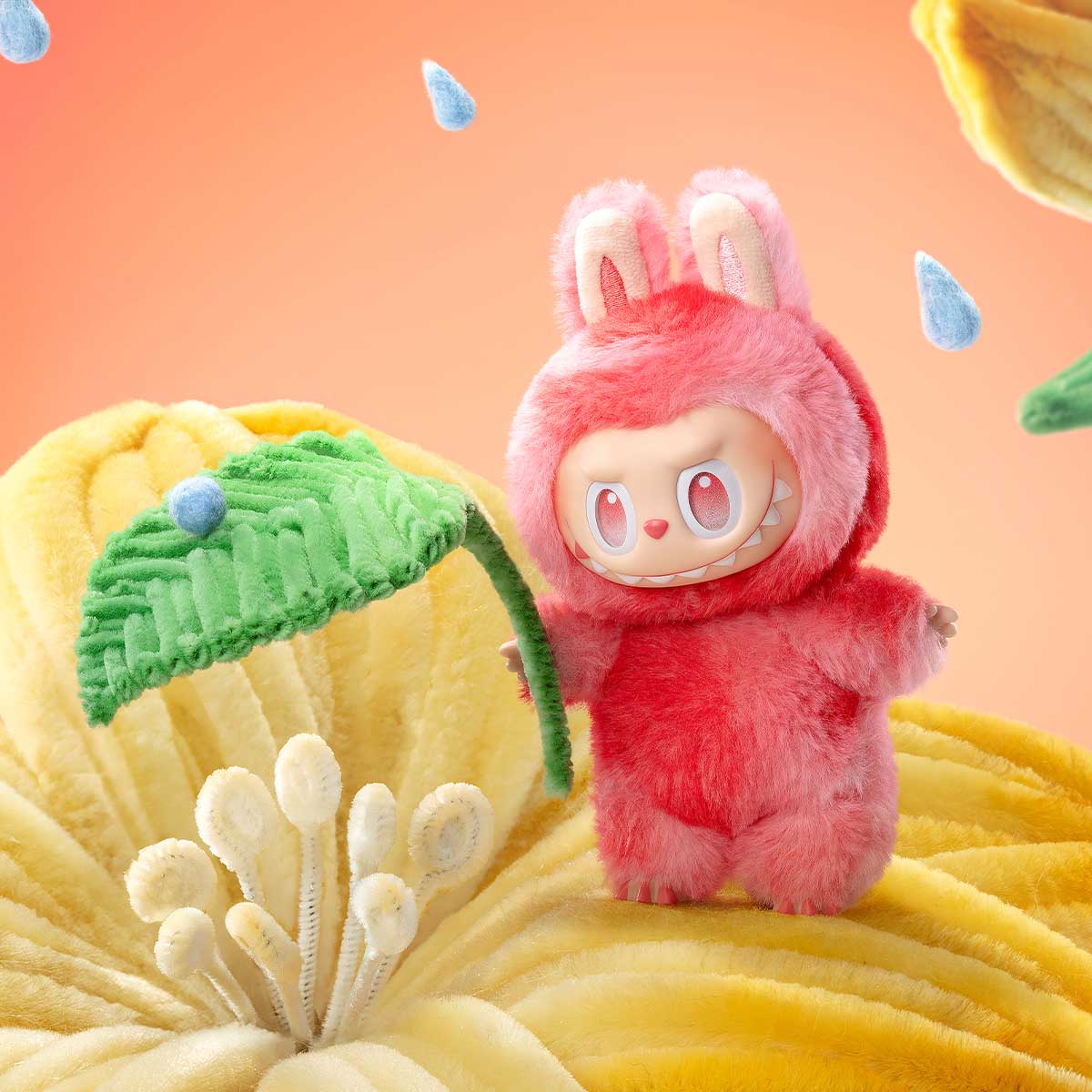 Red Pop Mart figurine perched on a yellow flower 
