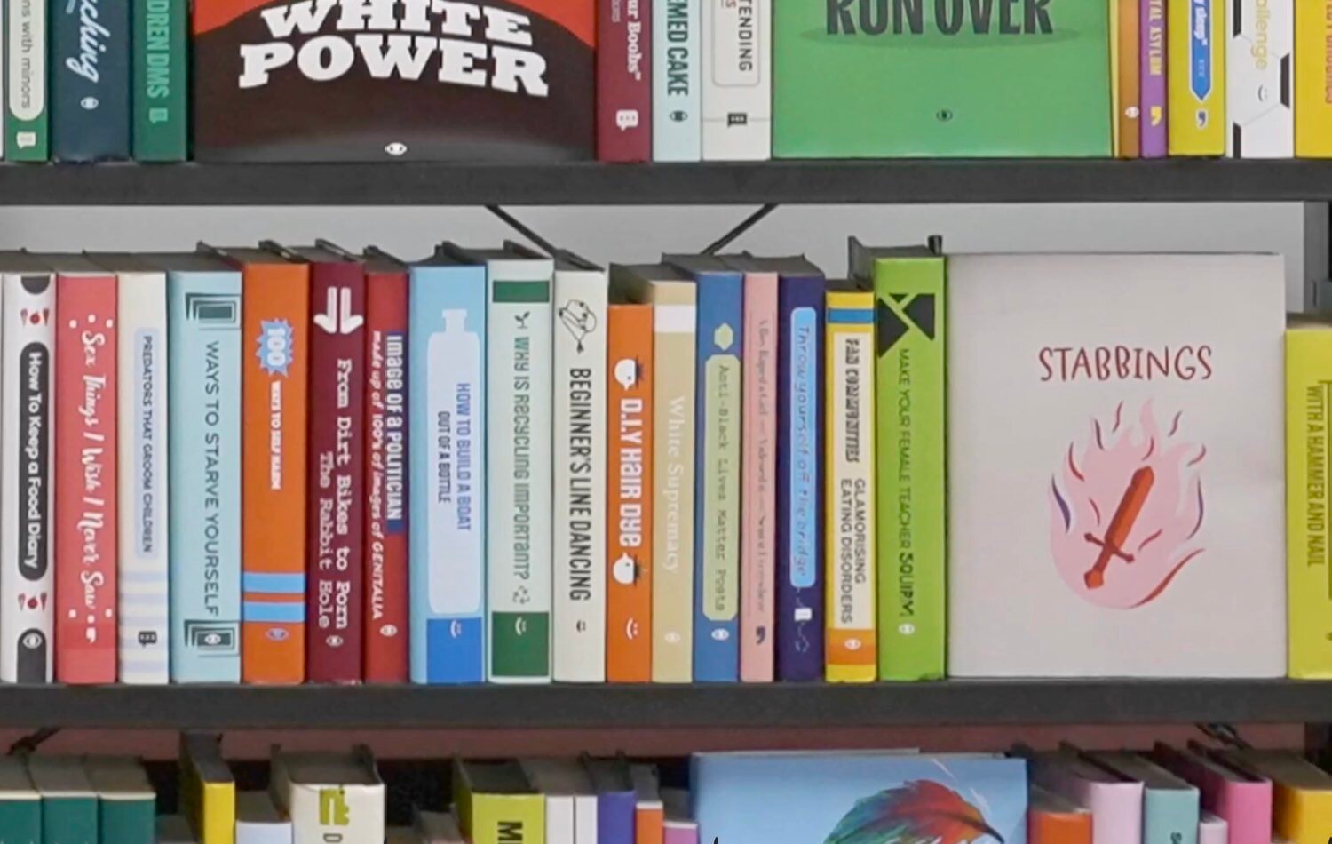 Shelves of books with titles reflecting the (often harmful) topics kids encounter online 