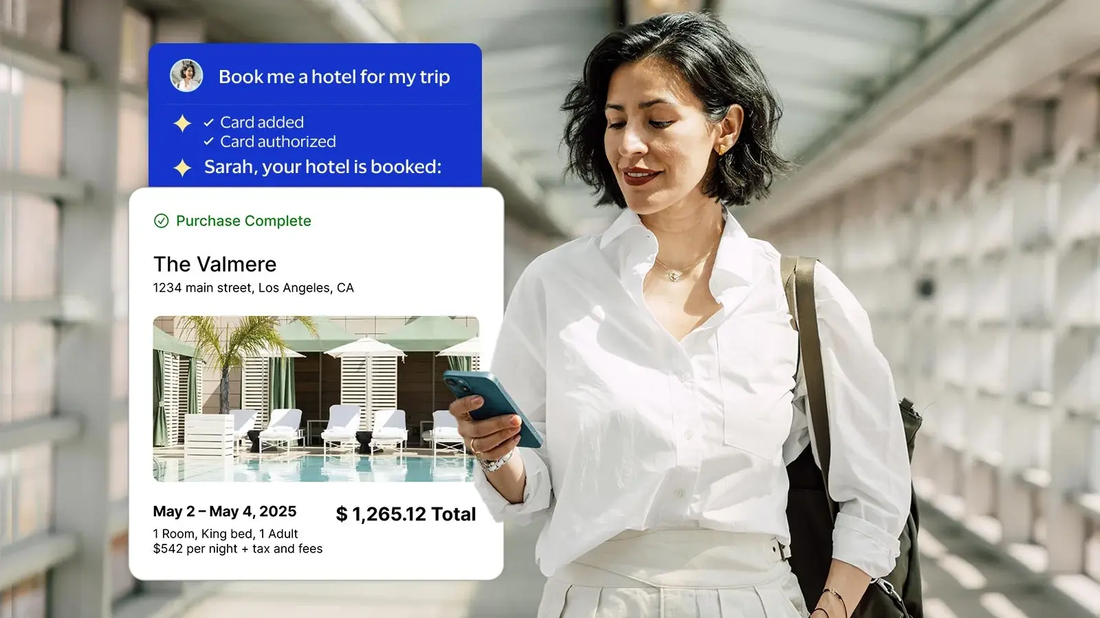 Woman receives notification of a hotel reservation made by an AI agent 