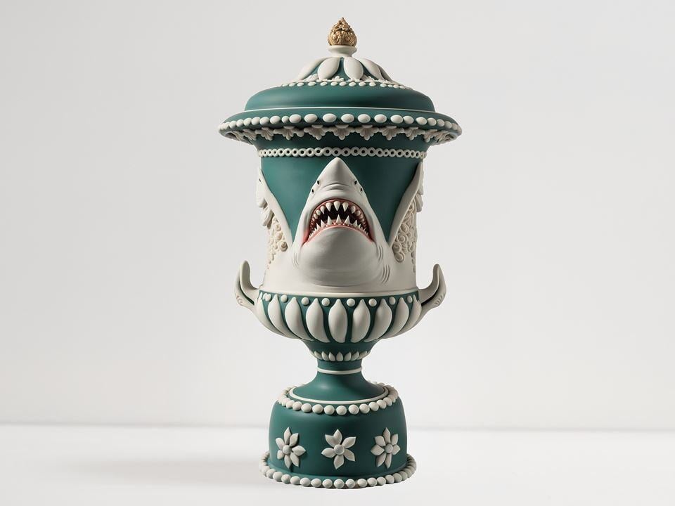 A green Jasperware-style vase with white decoration combining sharks and cake motifs 